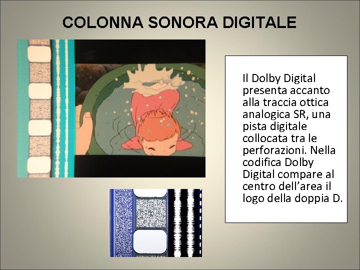 COLONNA SONORA DIGITALE Il Dolby Digital presenta accanto alla traccia ottica analogica SR, una COLONNA SONORA DIGITALE Il Dolby Digital presenta accanto alla traccia ottica analogica SR, una