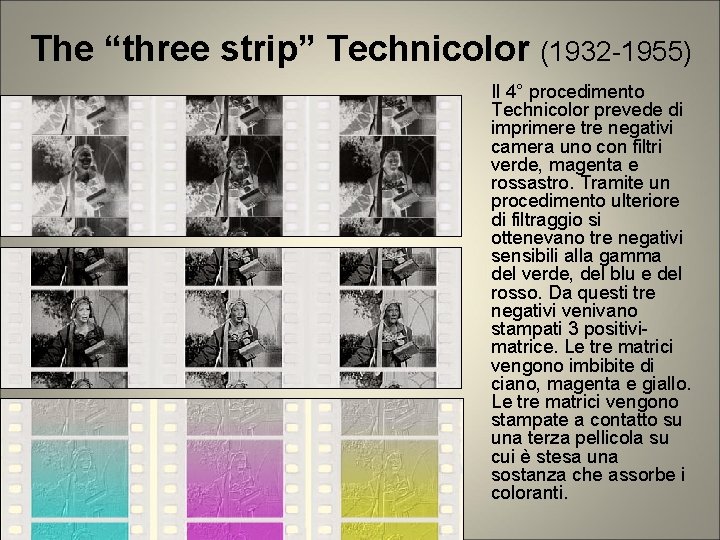 The “three strip” Technicolor (1932 -1955) Il 4° procedimento Technicolor prevede di imprimere tre The “three strip” Technicolor (1932 -1955) Il 4° procedimento Technicolor prevede di imprimere tre