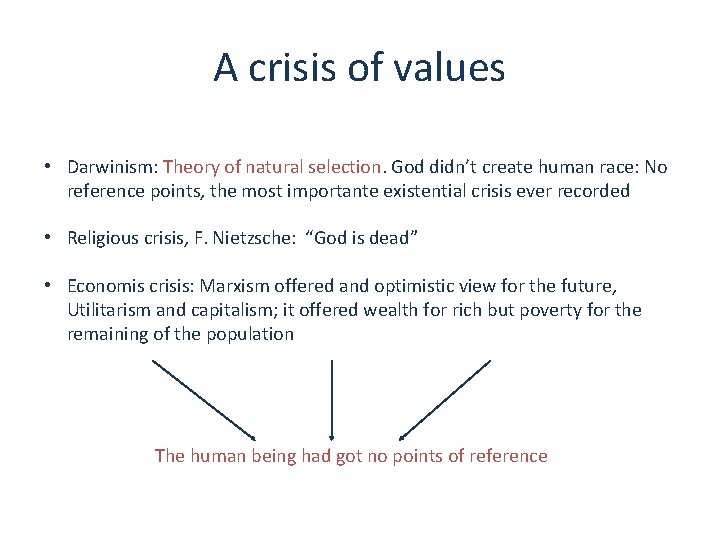 A crisis of values • Darwinism: Theory of natural selection. God didn’t create human