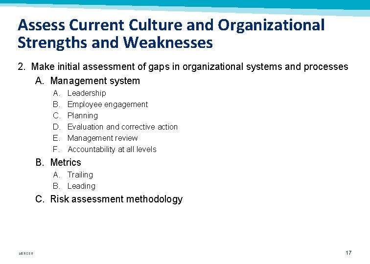 Assess Current Culture and Organizational Strengths and Weaknesses 2. Make initial assessment of gaps