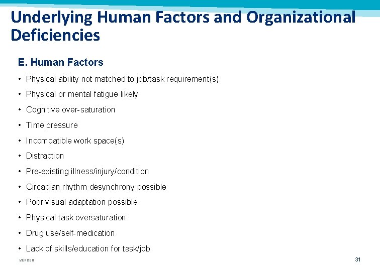 Underlying Human Factors and Organizational Deficiencies E. Human Factors • Physical ability not matched