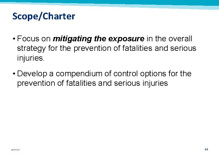 Scope/Charter • Focus on mitigating the exposure in the overall strategy for the prevention