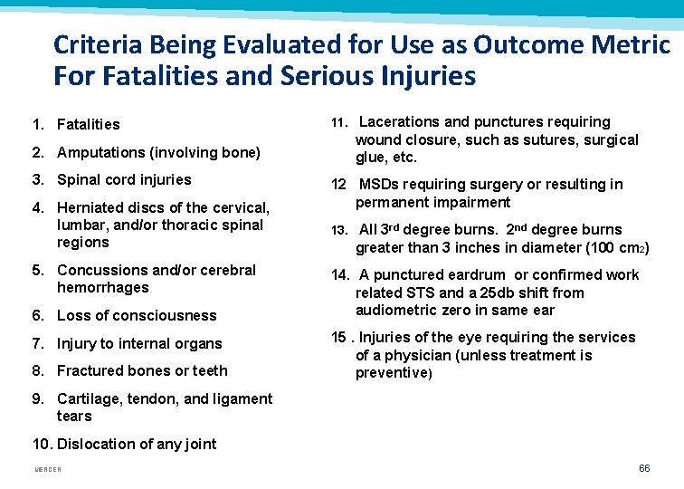 Criteria Being Evaluated for Use as Outcome Metric For Fatalities and Serious Injuries 1.