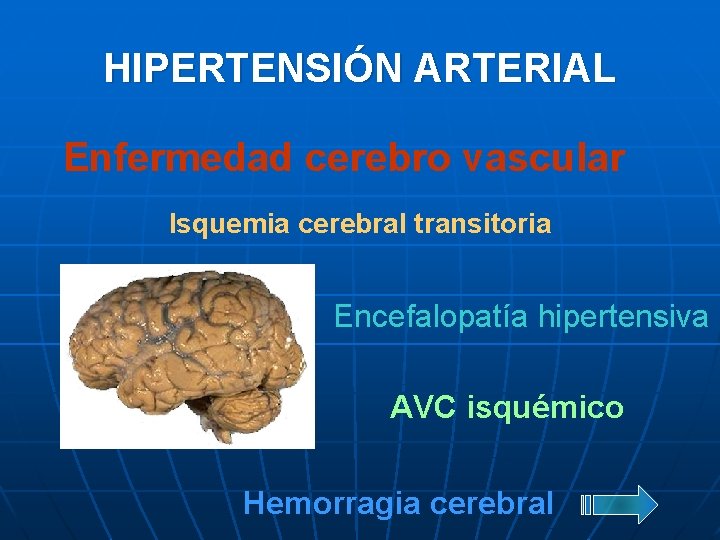 HIPERTENSIÓN ARTERIAL Enfermedad cerebro vascular Isquemia cerebral transitoria Encefalopatía hipertensiva AVC isquémico Hemorragia cerebral