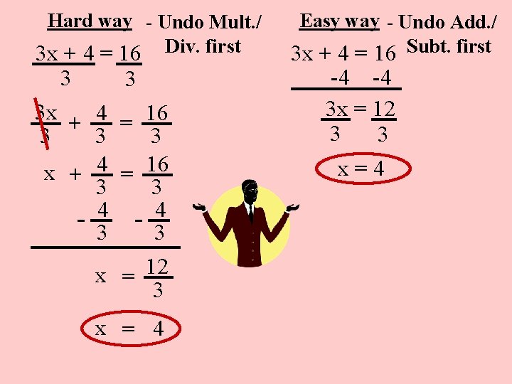 Hard way - Undo Mult. / 3 x + 4 = 16 Div. first