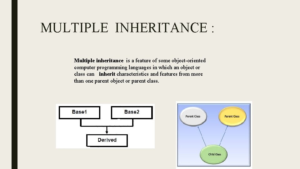 MULTIPLE INHERITANCE : Multiple inheritance is a feature of some object-oriented computer programming languages MULTIPLE INHERITANCE : Multiple inheritance is a feature of some object-oriented computer programming languages