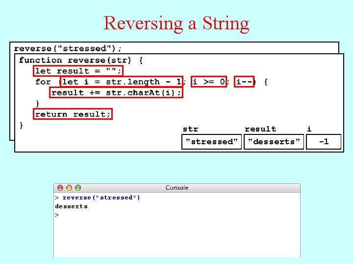 Reversing a String str result i "stressed" "desserts" "dessert" "desser" "desse" "dess" "de" "d"