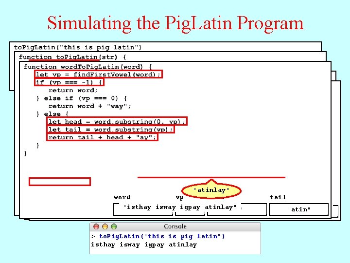 Simulating the Pig. Latin Program "isthay" "isway" "igpay" "atinlay" result start tail i ch