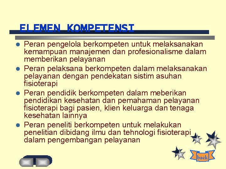 ELEMEN KOMPETENSI Peran pengelola berkompeten untuk melaksanakan kemampuan manajemen dan profesionalisme dalam memberikan pelayanan