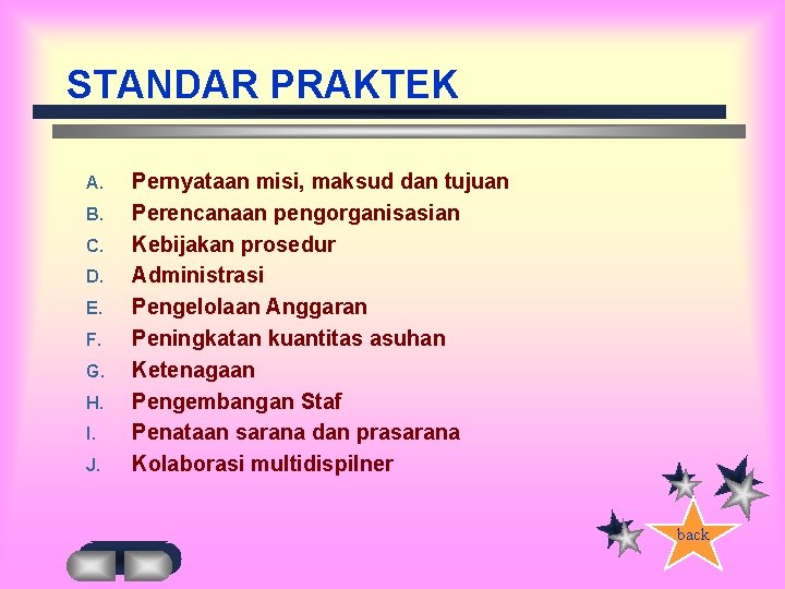 STANDAR PRAKTEK A. B. C. D. E. F. G. H. I. J. Pernyataan misi,