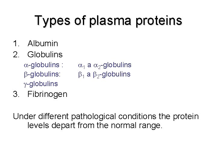 Types of plasma proteins 1. Albumin 2. Globulins -globulins : -globulins 1 a 2