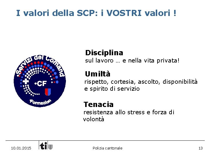 I valori della SCP: i VOSTRI valori ! Disciplina sul lavoro … e nella