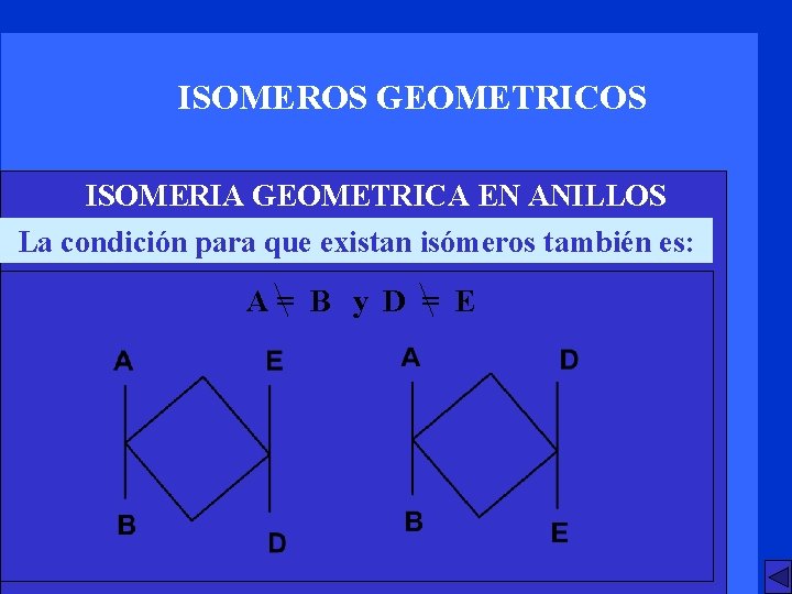 ISOMEROS GEOMETRICOS ISOMERIA GEOMETRICA EN ANILLOS La condición para que existan isómeros también es: