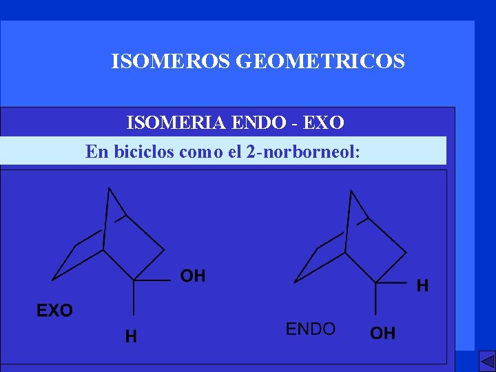 ISOMEROS GEOMETRICOS ISOMERIA ENDO - EXO En biciclos como el 2 -norborneol: 