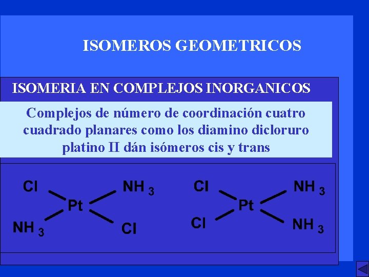 ISOMEROS GEOMETRICOS ISOMERIA EN COMPLEJOS INORGANICOS Complejos de número de coordinación cuatro cuadrado planares