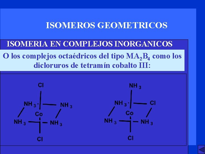 ISOMEROS GEOMETRICOS ISOMERIA EN COMPLEJOS INORGANICOS O los complejos octaédricos del tipo MA 2