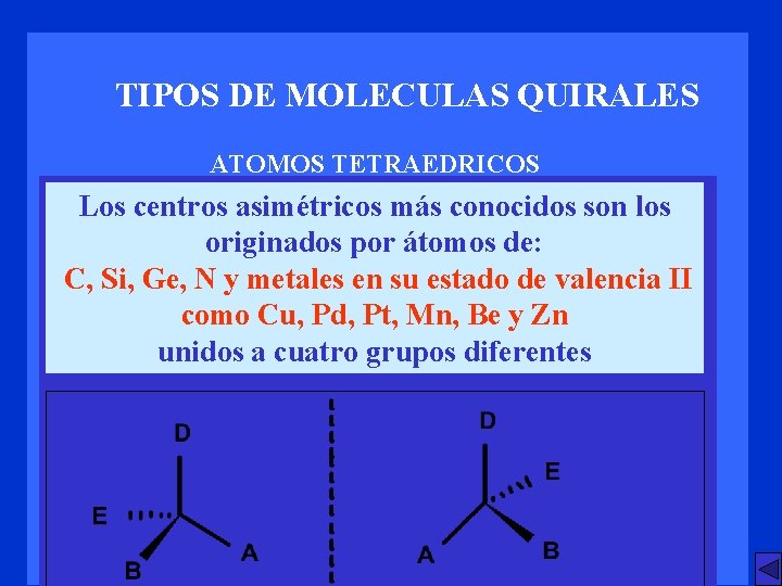 TIPOS DE MOLECULAS QUIRALES ATOMOS TETRAEDRICOS Los centros asimétricos más conocidos son los originados