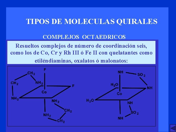 TIPOS DE MOLECULAS QUIRALES COMPLEJOS OCTAEDRICOS Resueltos complejos de número de coordinación seis, como