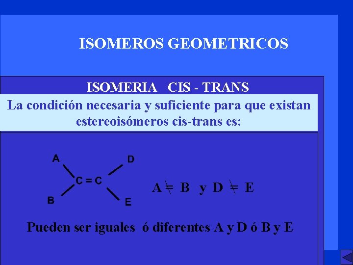 ISOMEROS GEOMETRICOS ISOMERIA CIS - TRANS La condición necesaria y suficiente para que existan