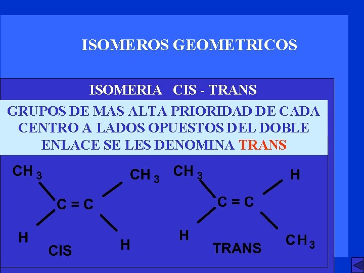 ISOMEROS GEOMETRICOS ISOMERIA CIS - TRANS GRUPOS DE MAS ALTA PRIORIDAD DE CADA CENTRO