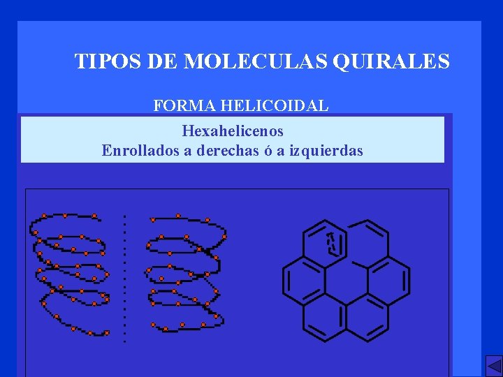 TIPOS DE MOLECULAS QUIRALES FORMA HELICOIDAL Hexahelicenos Enrollados a derechas ó a izquierdas 