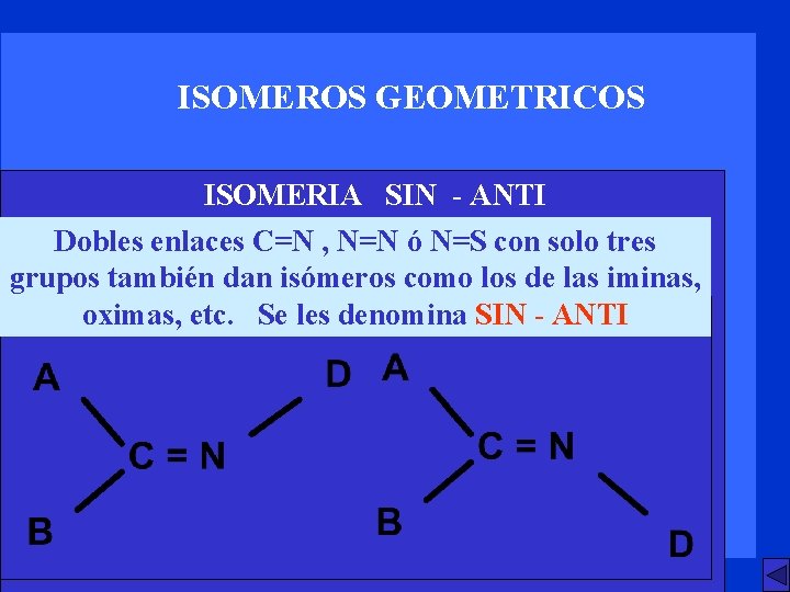 ISOMEROS GEOMETRICOS ISOMERIA SIN - ANTI GRUPOS Dobles enlaces DE MAS C=N ALTA ,
