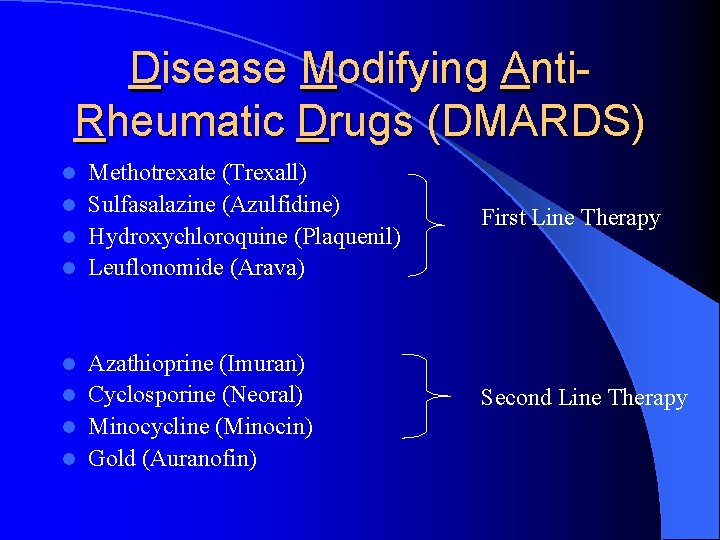 Disease Modifying Anti. Rheumatic Drugs (DMARDS) Methotrexate (Trexall) l Sulfasalazine (Azulfidine) l Hydroxychloroquine (Plaquenil) Disease Modifying Anti. Rheumatic Drugs (DMARDS) Methotrexate (Trexall) l Sulfasalazine (Azulfidine) l Hydroxychloroquine (Plaquenil)
