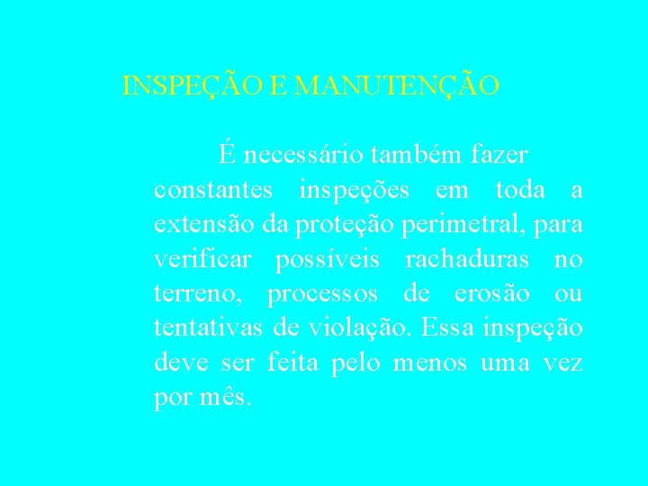 INSPEÇÃO E MANUTENÇÃO É necessário também fazer constantes inspeções em toda a extensão da