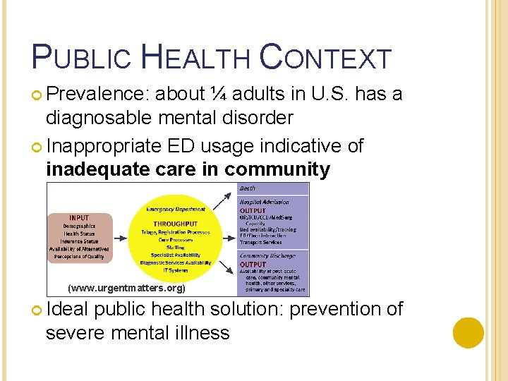 PUBLIC HEALTH CONTEXT Prevalence: about ¼ adults in U. S. has a diagnosable mental