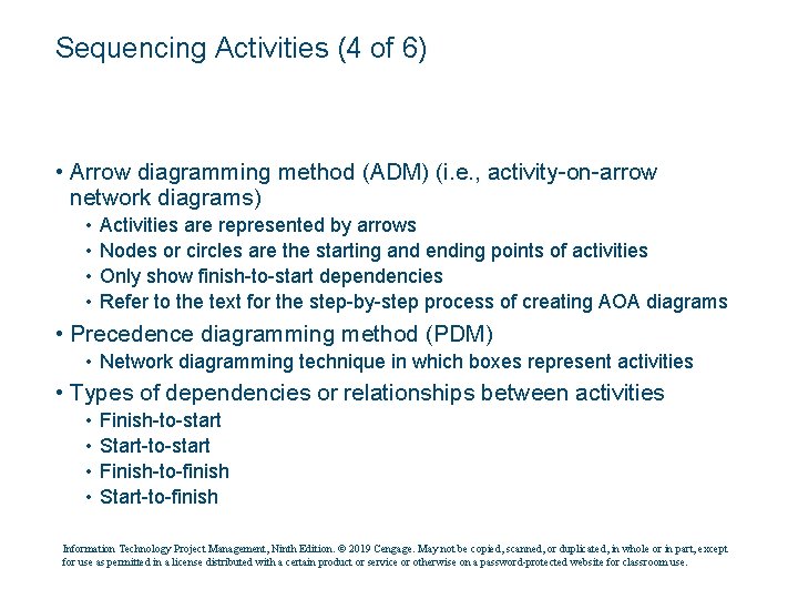 Sequencing Activities (4 of 6) • Arrow diagramming method (ADM) (i. e. , activity-on-arrow