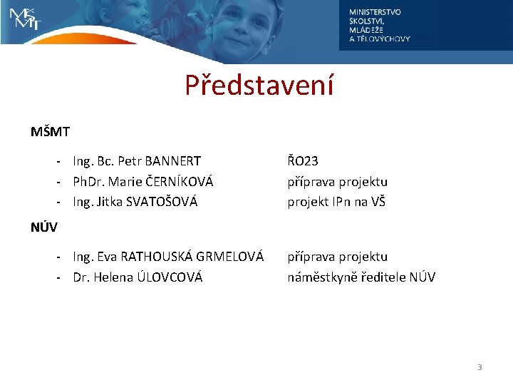 Představení MŠMT - Ing. Bc. Petr BANNERT - Ph. Dr. Marie ČERNÍKOVÁ - Ing.