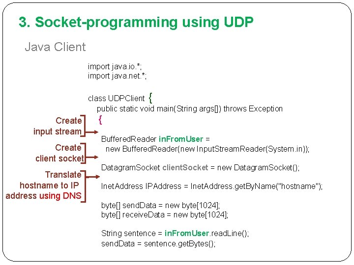 3. Socket-programming using UDP Java Client import java. io. *; import java. net. *;