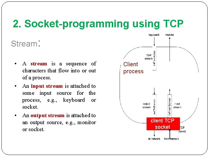 2. Socket-programming using TCP Stream: • A stream is a sequence of characters that