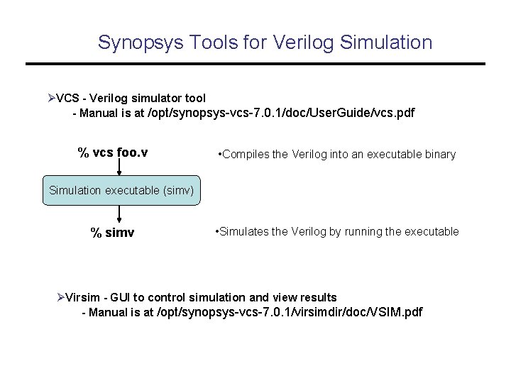 Synopsys Tools for Verilog Simulation ØVCS - Verilog simulator tool - Manual is at