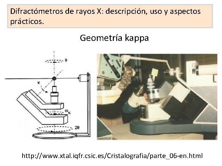 Difractómetros de rayos X: descripción, uso y aspectos prácticos. Geometría kappa http: //www. xtal. Difractómetros de rayos X: descripción, uso y aspectos prácticos. Geometría kappa http: //www. xtal.
