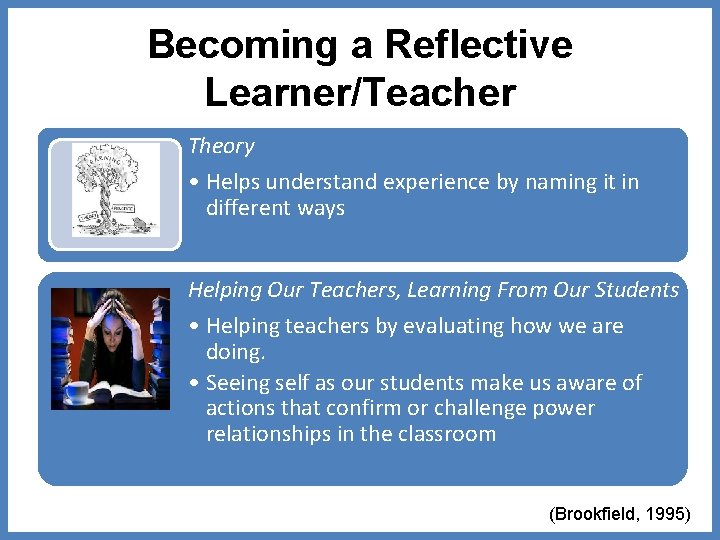 Becoming a Reflective Learner/Teacher Theory • Helps understand experience by naming it in different