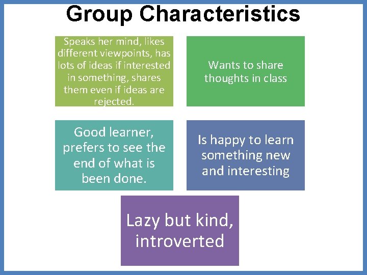 Group Characteristics Speaks her mind, likes different viewpoints, has lots of ideas if interested