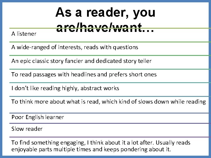 A listener As a reader, you are/have/want… A wide-ranged of interests, reads with questions