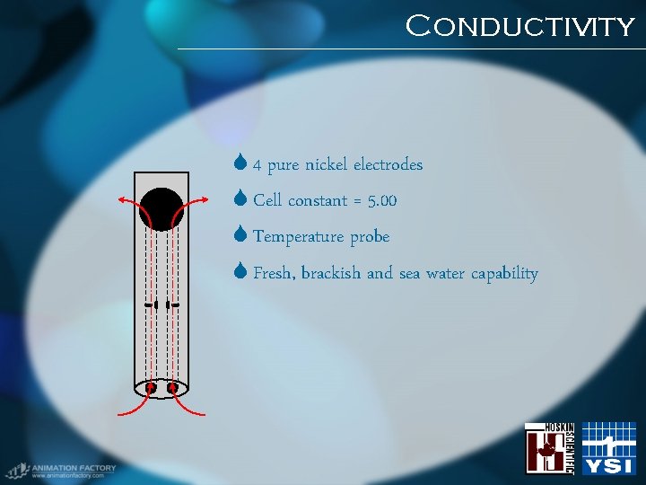 Conductivity 4 pure nickel electrodes Cell constant = 5. 00 Temperature probe Fresh, brackish Conductivity 4 pure nickel electrodes Cell constant = 5. 00 Temperature probe Fresh, brackish