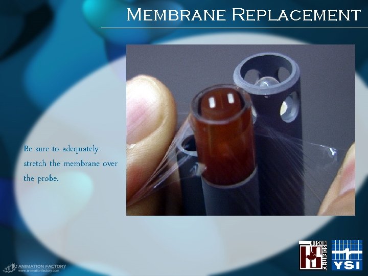 Membrane Replacement Be sure to adequately stretch the membrane over the probe. Membrane Replacement Be sure to adequately stretch the membrane over the probe.