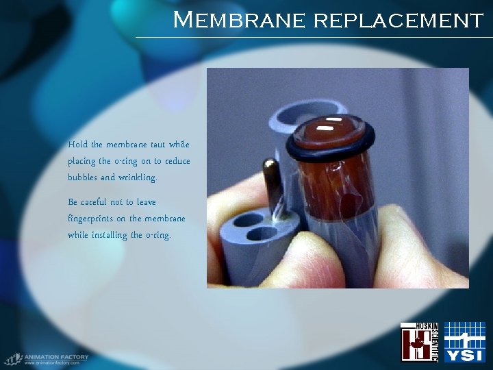Membrane replacement Hold the membrane taut while placing the o-ring on to reduce bubbles Membrane replacement Hold the membrane taut while placing the o-ring on to reduce bubbles