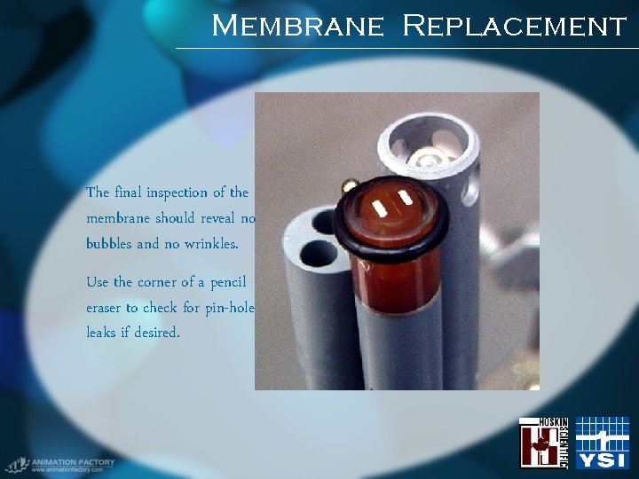 Membrane Replacement The final inspection of the membrane should reveal no bubbles and no Membrane Replacement The final inspection of the membrane should reveal no bubbles and no