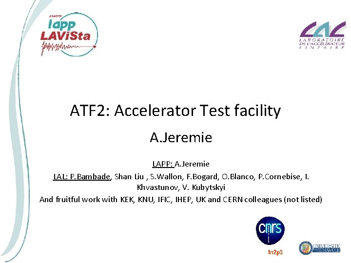 ATF 2: Accelerator Test facility A. Jeremie LAPP: A. Jeremie LAL: P. Bambade, Shan