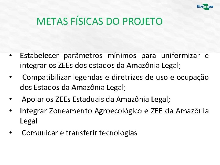 METAS FÍSICAS DO PROJETO • Estabelecer parâmetros mínimos para uniformizar e integrar os ZEEs