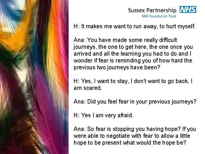 H: It makes me want to run away, to hurt myself. Ana: You have H: It makes me want to run away, to hurt myself. Ana: You have