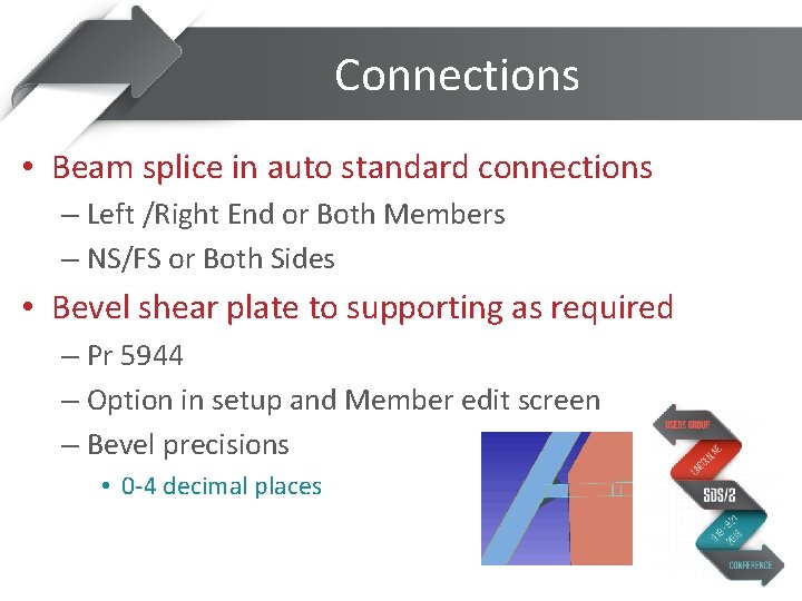 Connections • Beam splice in auto standard connections – Left /Right End or Both