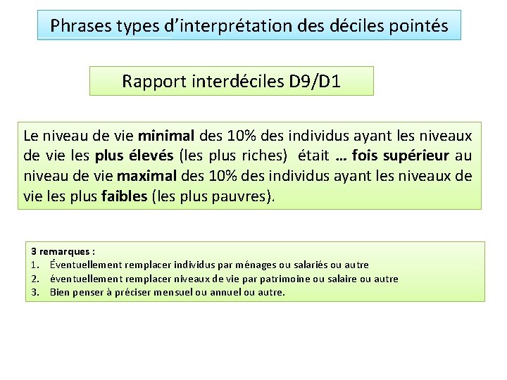 Phrases types d’interprétation des déciles pointés Rapport interdéciles D 9/D 1 Le niveau de