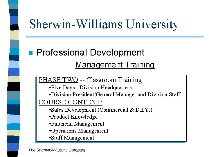 Sherwin-Williams University n Professional Development Management Training PHASE TWO -- Classroom Training • Five Sherwin-Williams University n Professional Development Management Training PHASE TWO -- Classroom Training • Five