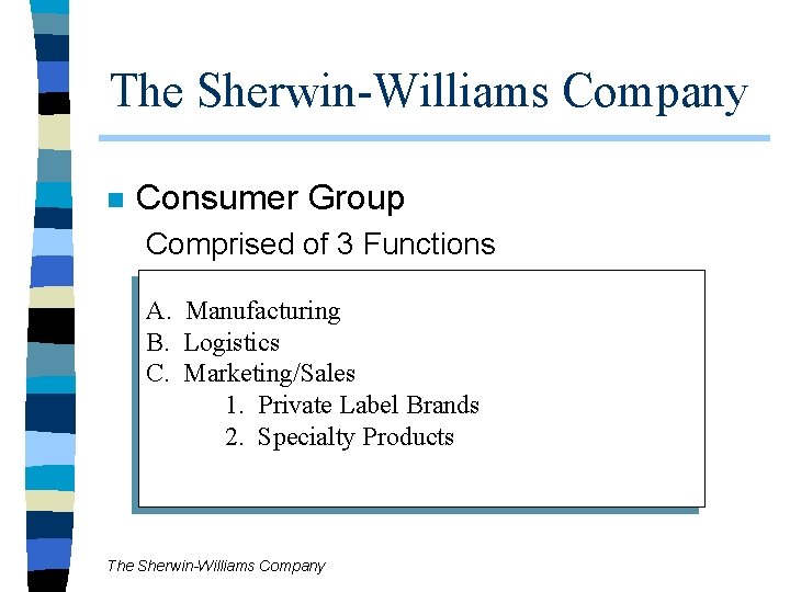 The Sherwin-Williams Company n Consumer Group Comprised of 3 Functions A. Manufacturing B. Logistics The Sherwin-Williams Company n Consumer Group Comprised of 3 Functions A. Manufacturing B. Logistics