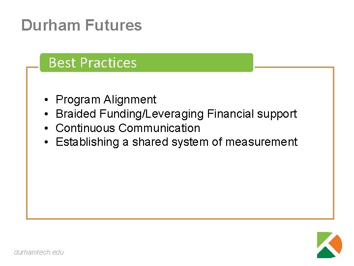 Durham Futures Best Practices • • Program Alignment Braided Funding/Leveraging Financial support Continuous Communication